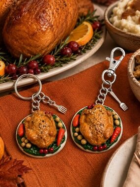 Thanksgiving Turkey Platter Keychain or Bag Clip | Handmade Mini Food Accessory